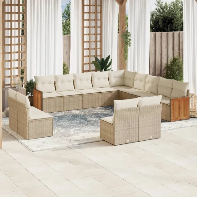 Salon de jardin avec coussins 13 pcs beige résine tressée