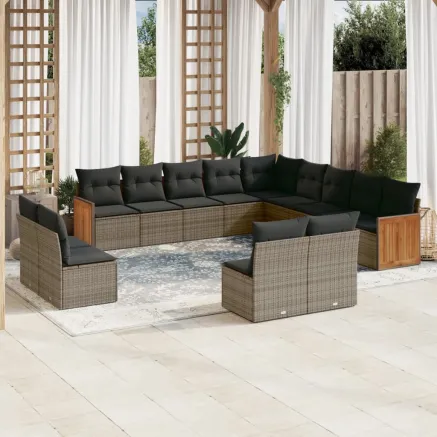 Salon de jardin avec coussins 13 pcs gris résine tressée