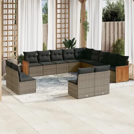Salon de jardin avec coussins 13 pcs gris résine tressée
