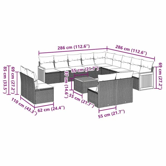 Salon de jardin avec coussins 14 pcs noir résine tressée