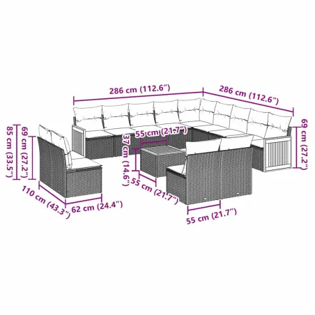 Salon de jardin avec coussins 14 pcs noir résine tressée