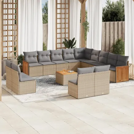 Salon de jardin avec coussins 14 pcs beige résine tressée