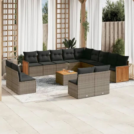 Salon de jardin avec coussins 14 pcs gris résine tressée
