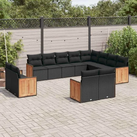 Salon de jardin 12 pcs avec coussins noir résine tressée