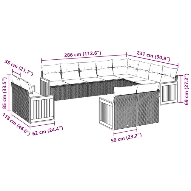 Salon de jardin 12 pcs avec coussins noir résine tressée