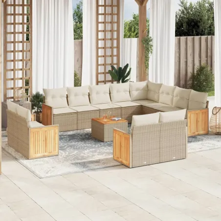 Salon de jardin avec coussins 13 pcs beige résine tressée