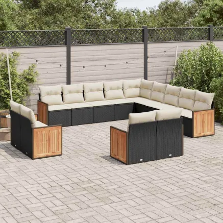 Salon de jardin avec coussins 13 pcs noir résine tressée