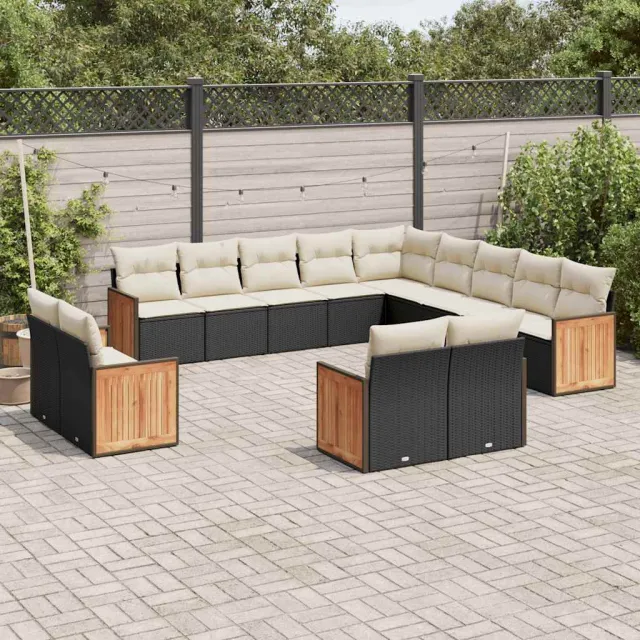 Salon de jardin avec coussins 13 pcs noir résine tressée