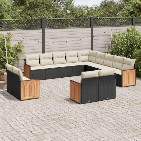 Salon de jardin avec coussins 13 pcs noir résine tressée