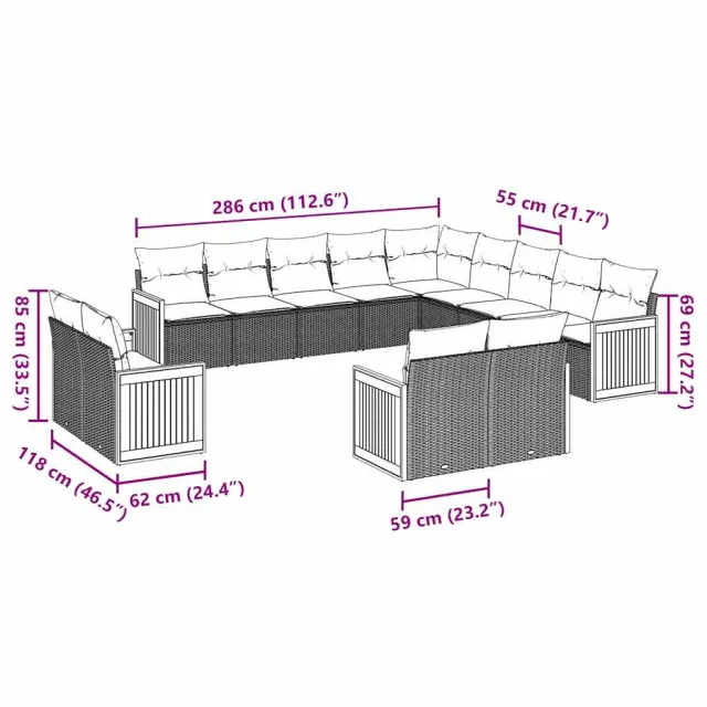 Salon de jardin avec coussins 13 pcs noir résine tressée