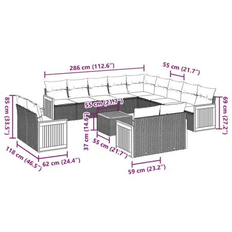 Salon de jardin avec coussins 14 pcs noir résine tressée