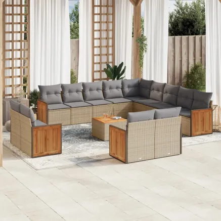 Salon de jardin avec coussins 14 pcs beige résine tressée