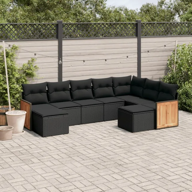 Salon de jardin 9 pcs avec coussins noir résine tressée