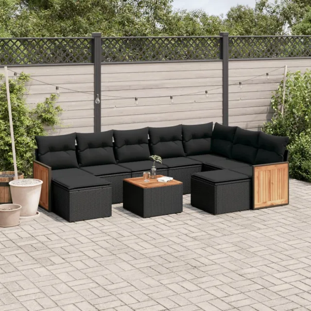 Salon de jardin 10 pcs avec coussins noir résine tressée