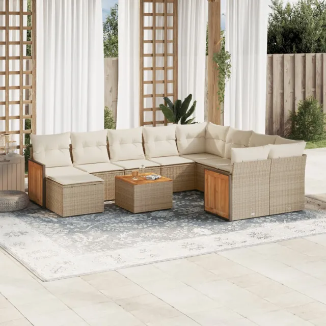 Salon de jardin 11 pcs avec coussins beige résine tressée