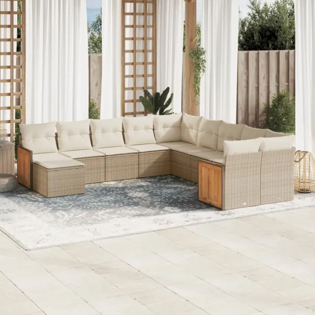 Salon de jardin 11 pcs avec coussins beige résine tressée