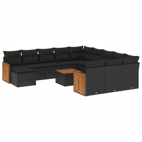 Salon de jardin avec coussins 13 pcs noir résine tressée