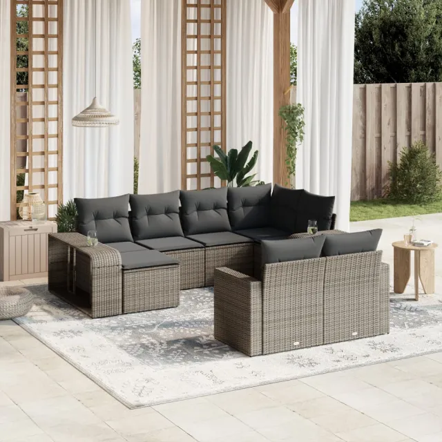 Salon de jardin avec coussins 10 pcs gris résine tressée