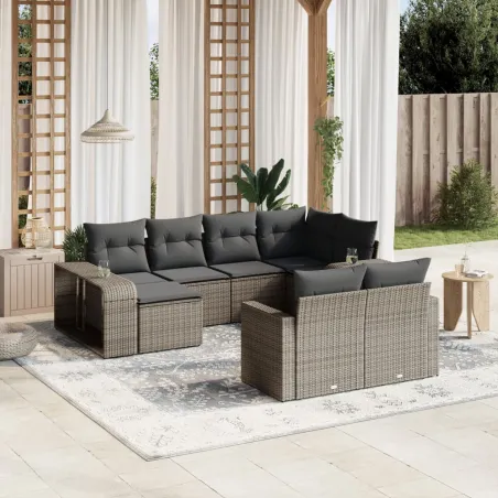 Salon de jardin avec coussins 10 pcs gris résine tressée