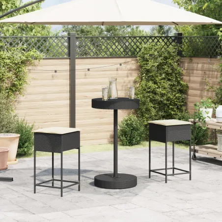 Ensemble de bar de jardin 3 pcs avec coussins noir poly rotin