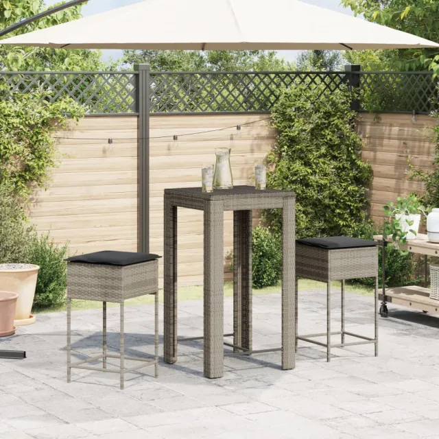 Ensemble de bar de jardin 3 pcs et coussins gris résine tressée