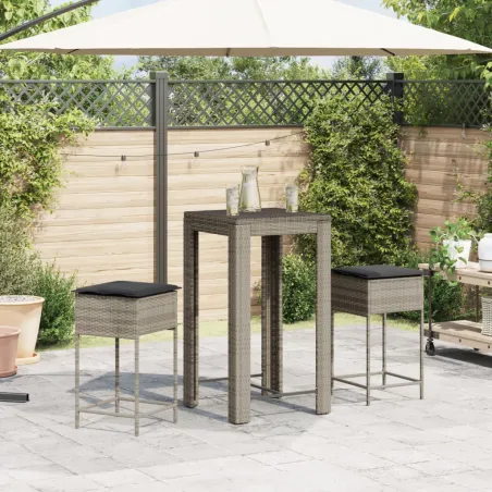 Ensemble de bar de jardin 3 pcs et coussins gris résine tressée