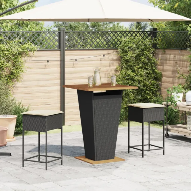 Ensemble de bar de jardin 3 pcs avec coussins noir poly rotin