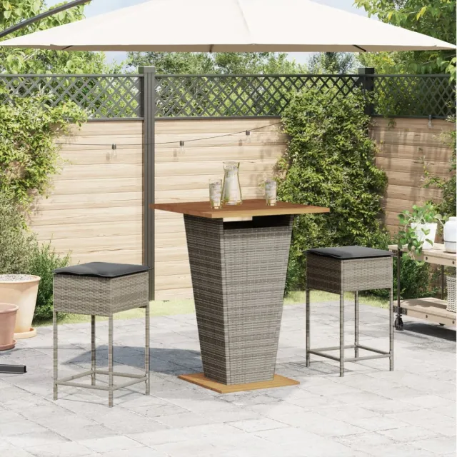 Ensemble de bar de jardin 3 pcs et coussins gris résine tressée