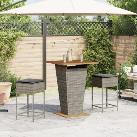 Ensemble de bar de jardin 3 pcs et coussins gris résine tressée