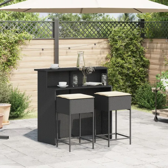 Ensemble de bar de jardin 3 pcs avec coussins noir poly rotin