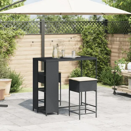 Ensemble de bar de jardin 3 pcs avec coussins noir poly rotin