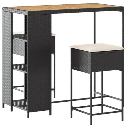 Ensemble de bar de jardin 3 pcs avec coussins noir poly rotin 2