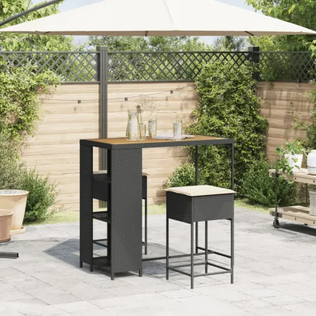 Ensemble de bar de jardin 3 pcs avec coussins noir poly rotin