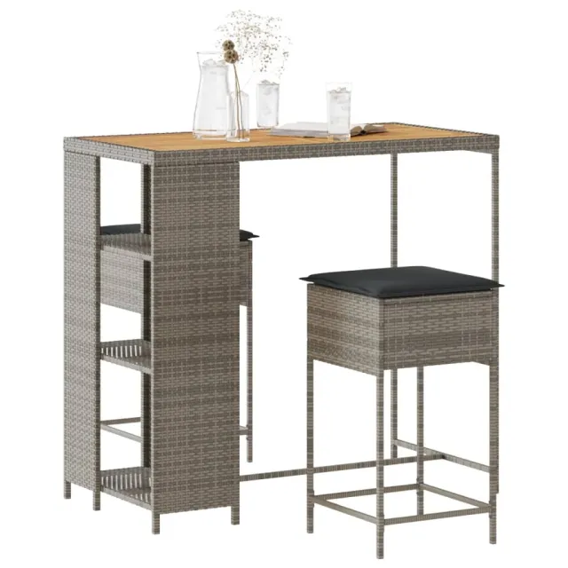 Ensemble de bar de jardin 3 pcs et coussins gris résine tressée