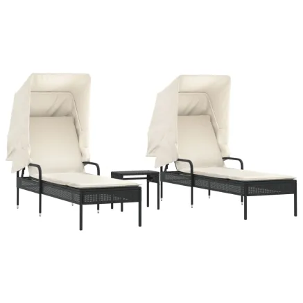 Chaises longues lot de 2 avec auvents et table noir poly rotin 2