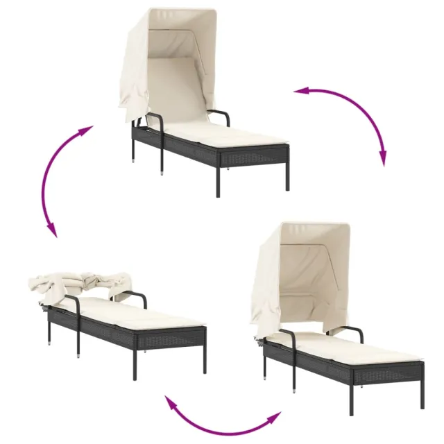 Chaises longues lot de 2 avec auvents et table noir poly rotin