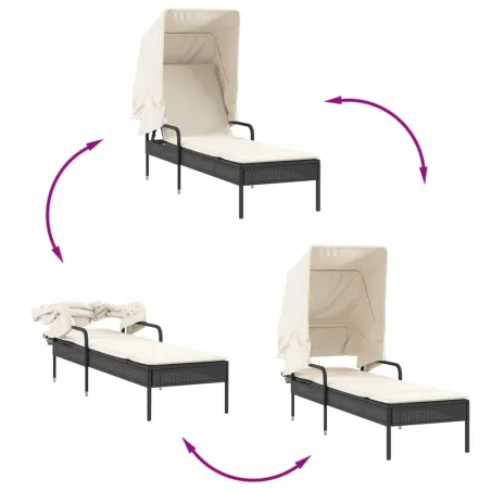 Chaises longues lot de 2 avec auvents et table noir poly rotin
