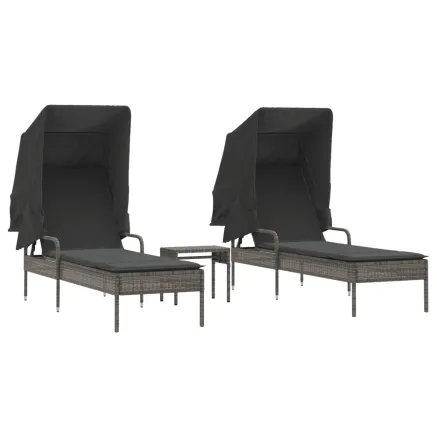 Chaises longues lot de 2 avec auvents et table gris poly rotin 2