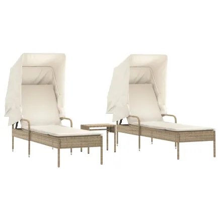 Chaises longues lot de 2 avec auvents et table beige poly rotin 2