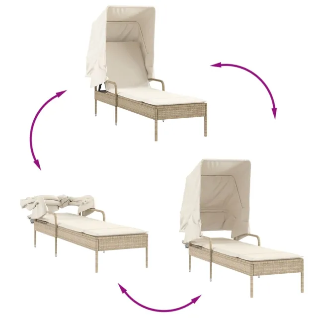 Chaises longues lot de 2 avec auvents et table beige poly rotin