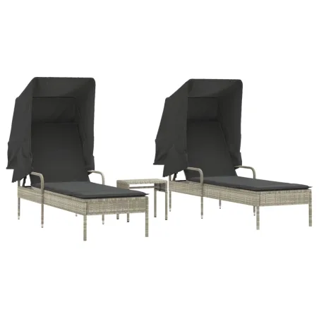 Chaises longues lot de 2 avec auvents et table gris clair rotin