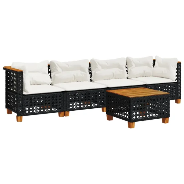 Salon de jardin 5 pcs avec coussins noir résine tressée