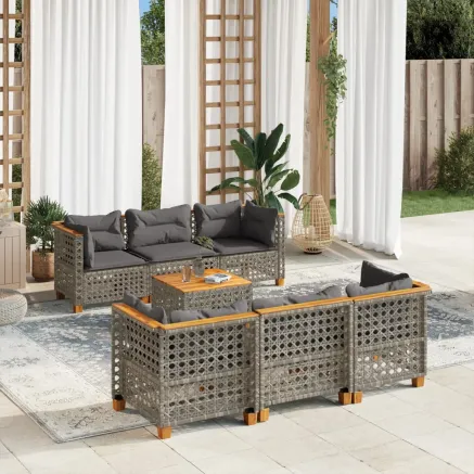 Salon de jardin avec coussins 7 pcs gris résine tressée