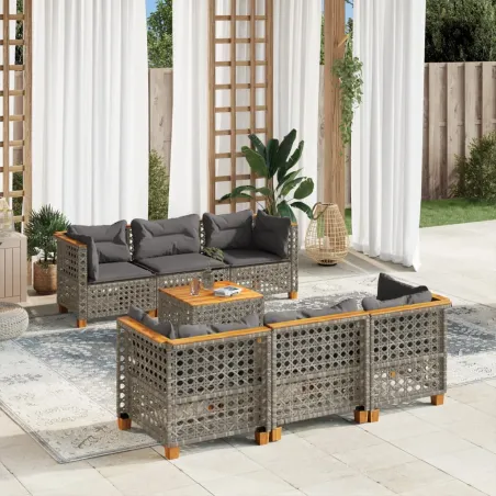 Salon de jardin avec coussins 7 pcs gris résine tressée