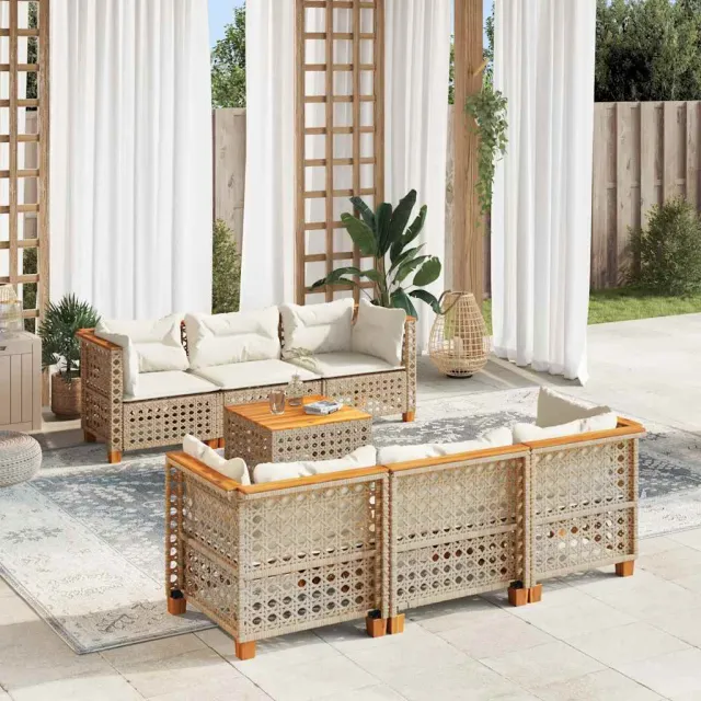 Salon de jardin avec coussins 7 pcs beige résine tressée