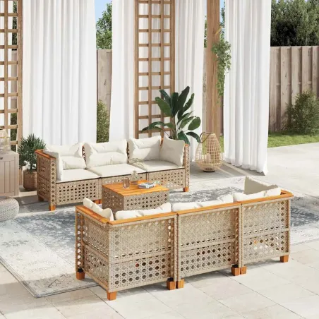 Salon de jardin avec coussins 7 pcs beige résine tressée