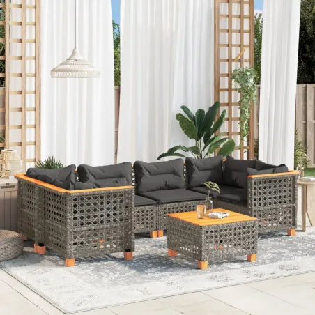 Salon de jardin avec coussins 7 pcs gris résine tressée