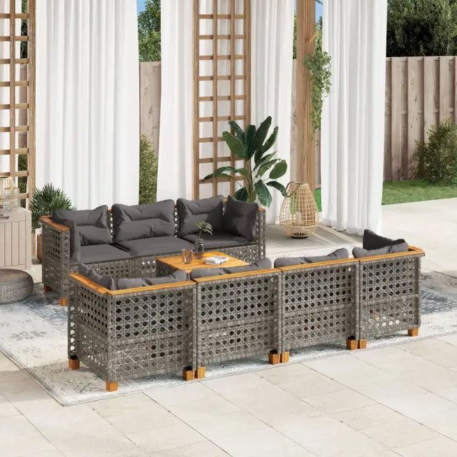 Salon de jardin 8 pcs avec coussins gris résine tressée