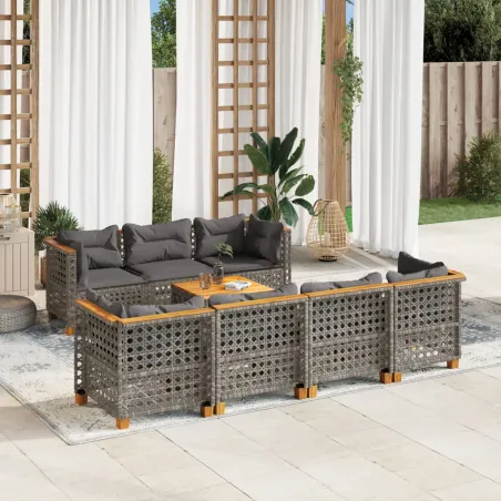 Salon de jardin 8 pcs avec coussins gris résine tressée