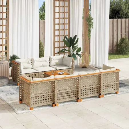 Salon de jardin avec coussins 8 pcs beige résine tressée